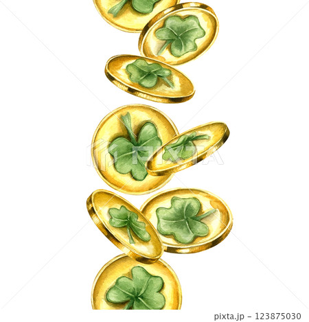 Watercolor falling gold coins seamless vertical banner isolated background. Levitating golden shamrock money ornate. St Patrick day pattern for holiday textile, decorative festive wrapper paper 123875030