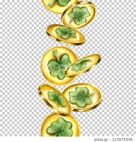 Watercolor falling gold coins seamless vertical banner isolated background. Levitating golden shamrock money ornate. St Patrick day pattern for holiday textile, decorative festive wrapper paper 123875030