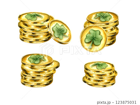 Stack of gold metal coins set watercolor illustration isolated background. St. Patrick day golden money symbols with green clover leaf clip art. Treasure pile for festive poster, holiday stationery Stack of gold metal coins set watercolor illustration isolated background. St. Patrick day golden money symbols with green clover leaf clip art. Treasure pile for festive poster, holiday stationery 123875031
