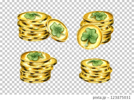 Stack of gold metal coins set watercolor illustration isolated background. St. Patrick day golden money symbols with green clover leaf clip art. Treasure pile for festive poster, holiday stationery Stack of gold metal coins set watercolor illustration isolated background. St. Patrick day golden money symbols with green clover leaf clip art. Treasure pile for festive poster, holiday stationery 123875031