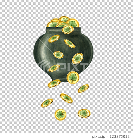 Gold coins falling from green cauldron watercolor illustration isolated background. Saint Patrick day golden money symbols with green four leaf clover. Decorative element for festive poster decor Gold coins falling from green cauldron watercolor illustration isolated background. Saint Patrick day golden money symbols with green four leaf clover. Decorative element for festive poster decor 123875032