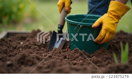 Gardener wearing yellow gloves working with soil using hand shovel and green bucket in raised garden bed outdoors Gardener wearing yellow gloves working with soil using hand shovel and green bucket in raised garden bed outdoors 123875279