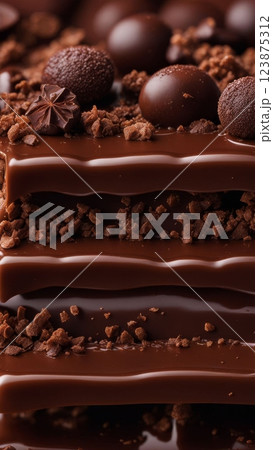 Layers of melted chocolate with round truffles, cocoa crumbles, and chocolate decorations, sweet dessert background texture 123875312