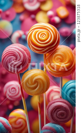 Colorful spiral lollipops on sticks with sugar coating on blurred candy background, sweet confectionery treat closeup 123875318