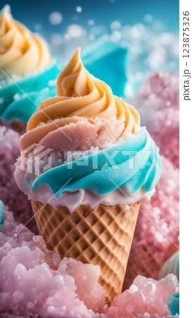 Close-up of colorful ice cream cone with frosting and sugar crystals, surrounded by crushed ice on blurred blue background 123875326