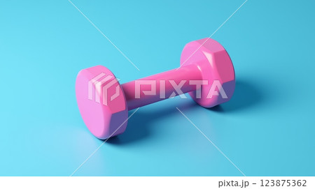 Pink dumbbell lying on blue background, fitness equipment for home workout, health and strength training, minimal and modern design 123875362
