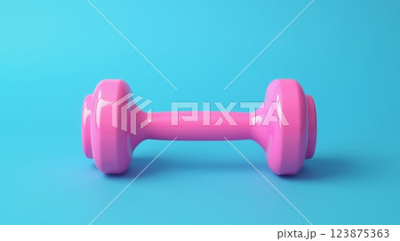 Pink glossy dumbbell on blue background, fitness accessory for home workouts, strength training and active lifestyle, minimal design 123875363