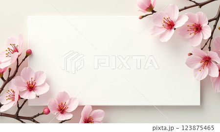 White rectangular card surrounded by pink cherry blossoms on light background. Spring floral flat lay composition with copy space 123875465