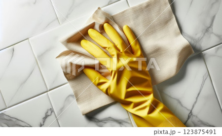 Yellow rubber glove wiping surface with beige towel on marble tiles. Cleaning and housekeeping concept 123875491