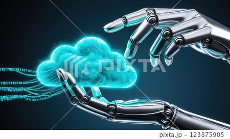 conceptual representation of robotic hand uploading data into glowing cloud, with streams of binary code connecting them, showcasing technology and innovation 123875905
