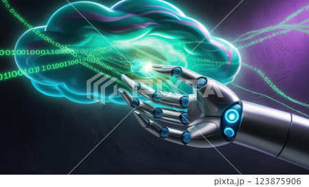 robotic hand uploads data into glowing cloud, with streams of binary code connecting them, symbolizing advanced technology and digital communication 123875906