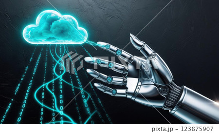 robotic hand connects to glowing cloud, uploading data with streams of binary code, symbolizing technology and innovation in digital age 123875907