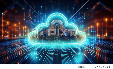 glowing cloud shaped hologram with interconnected data streams symbolizes AI and technology. This futuristic design represents digital innovation and connectivity 123875934