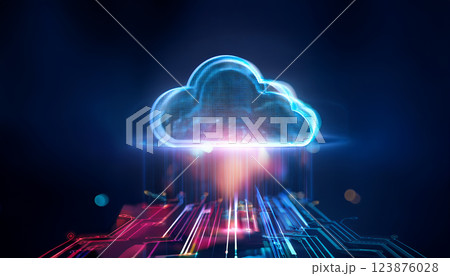 holographic cloud icon with vibrant colors and digital circuits, representing technology and innovation. glowing effect adds futuristic touch to design 123876028