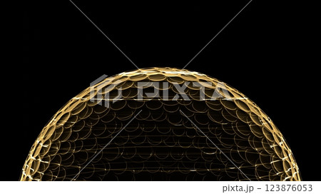 Gold hologram golf ball on black background. Brigh 123876053