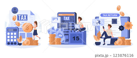 Declaration programs, easy reporting, tax website. Desktop tax filing software, mobile app tax filing software, filing online service metaphors. Vector isolated concept metaphor collection of scenes. Declaration programs, easy reporting, tax website. Desktop tax filing software, mobile app tax filing software, filing online service metaphors. Vector isolated concept metaphor collection of scenes. 123876116