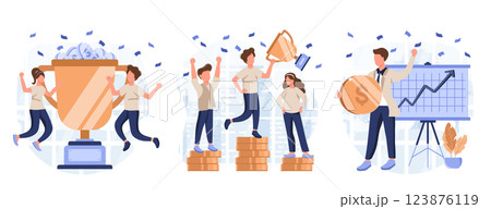 Business award collection of scenes isolated. People celebrating success, achieving goals and win, set in flat design. Vector illustration for blogging, website, mobile app, promotional materials. 123876119