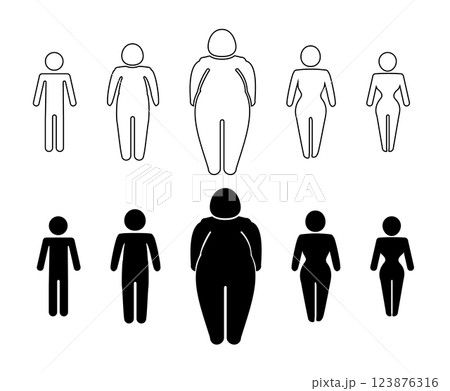 A man or woman diets and exercises from fat to fitness series frontal view. Figure and size person, body index mass. Vector A man or woman diets and exercises from fat to fitness series frontal view. Figure and size person, body index mass. Vector 123876316