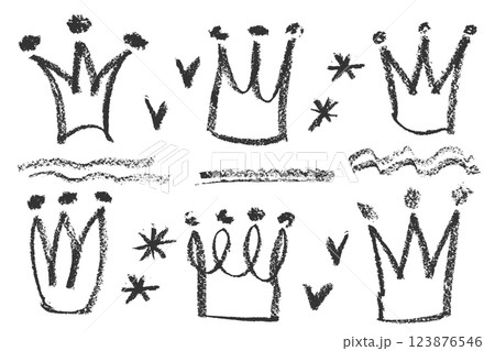 Collection of hand drawn charcoal doodle crown shapes Childish girly style. Pencil drawings Black elements on white background. Grunge chalk crayon scribbles doodles textures. Vector illustration Collection of hand drawn charcoal doodle crown shapes Childish girly style. Pencil drawings Black elements on white background. Grunge chalk crayon scribbles doodles textures. Vector illustration 123876546