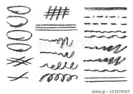 Charcoal pencil hand drawing curly lines, splash, squiggles and shapes. Black elements on white background. Grunge chalk crayon scribbles doodles textures. Rough crayon strokes. Vector illustration. 123876567
