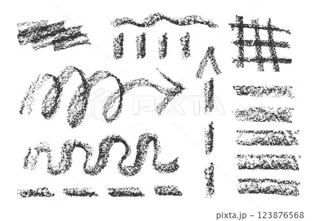 Set of crayon hand drawn arrows in different directions. Chalk, brush, marker drawing bold elements Collection doodle thick geometric shapes for collage Brutal contemporary figures Vector illustration 123876568
