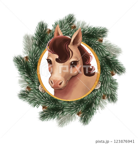 Baby horse head with Christmas wreath, hand drawn illustration. 123876941