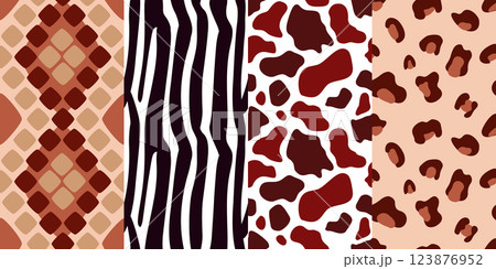 A set of seamless animal print patterns. The pattern is leopard, zebra, cow, snake. A set of seamless animal print patterns. The pattern is leopard, zebra, cow, snake. 123876952