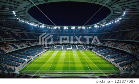 夜空に浮かぶ静寂のスタジアム: 試合前の期待感 夜空に浮かぶ静寂のスタジアム: 試合前の期待感 123877087