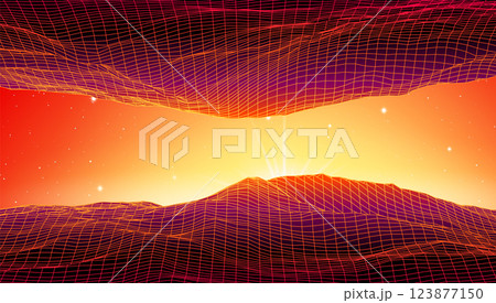 Retro low poly grid landscape with polygonal mountain, palm trees silhouettes and sun, vector illustration. 80s style synthwave landscape with neon grid mountains, palm trees silhouettes and sun. 123877150