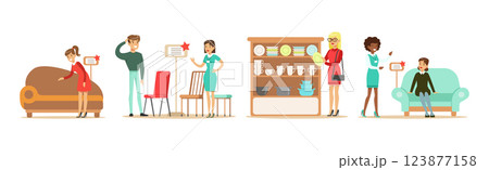People in Furniture Store Choose Interior Elements Vector Set 123877158