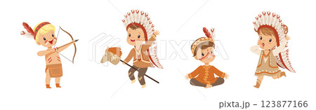 Kids Playing Indian in Native Costumes and Headdress Vector Set 123877166