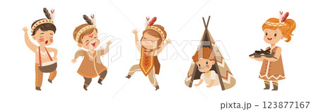 Kids Playing Indian in Native Costumes and Headdress Vector Set Kids Playing Indian in Native Costumes and Headdress Vector Set 123877167