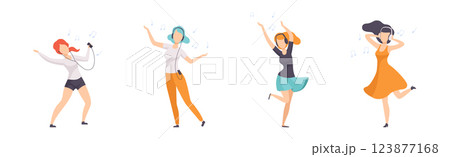 Woman Wearing Earphones Listening to Music and Dancing Vector Set Woman Wearing Earphones Listening to Music and Dancing Vector Set 123877168