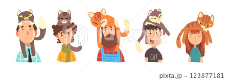 Man and Woman Pet Owner with Cat on Their Head Vector Set Man and Woman Pet Owner with Cat on Their Head Vector Set 123877181