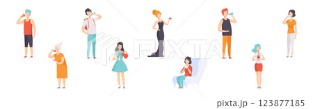 Man and Woman Character Holding Drink and Beverage Vector Set Man and Woman Character Holding Drink and Beverage Vector Set 123877185