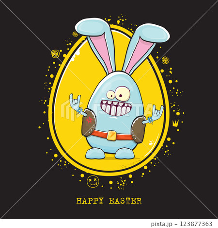 Easter Bunny Rockstar with rock hands Detailed Cartoon Character with Rock Guitar Gesture, Lively Holiday Illustration for Spring Celebrations and Easter Greetings, Ready for Social Media Use 123877363