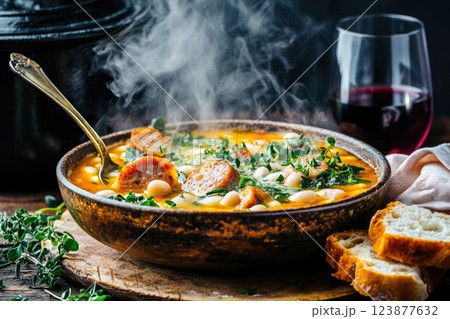 Warm bowl of hearty soup with sausage, beans, and greens served in rustic setting with glass of red wine 123877632