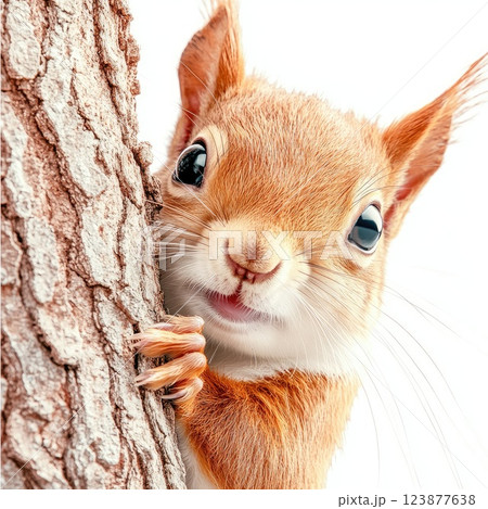 Cute squirrel peeking from behind tree trunk in a bright and cheerful forest environment 123877638