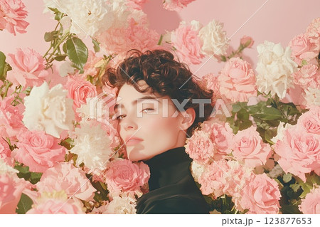Woman surrounded by pink and white roses in a floral arrangement studio setting 123877653