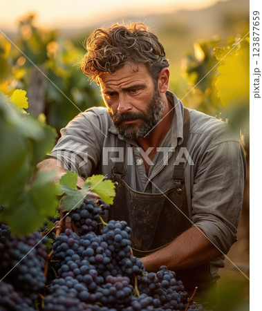 Harvesting grapes in a vineyard during sunset with a focused worker collecting ripe fruit 123877659