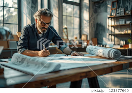 Architect designing plans in modern studio environment filled with natural light 123877660