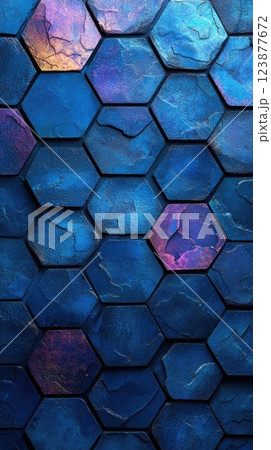 Texture of blue and purple hexagonal tiles creating an abstract pattern on a surface 123877672
