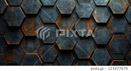 Textured hexagonal wall design featuring a mix of metallic and rust elements in an industrial setting Textured hexagonal wall design featuring a mix of metallic and rust elements in an industrial setting 123877679