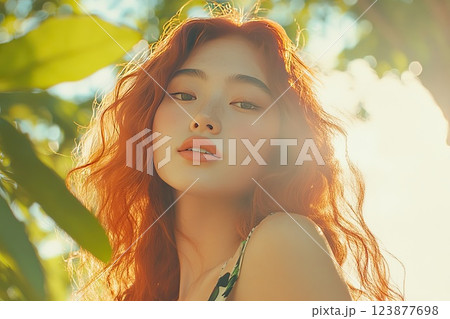 Young woman with curly red hair enjoys sunny day surrounded by greenery and natural light in a lush outdoor setting 123877698