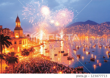 Fireworks illuminate the bay as crowds gather to celebrate in a vibrant coastal town at dusk Fireworks illuminate the bay as crowds gather to celebrate in a vibrant coastal town at dusk 123877713