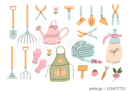 Set of gardening items in hand drawn style. 123877722