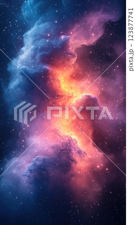 Vibrant cosmic nebula glowing in shades of purple and orange against a starry backdrop at night Vibrant cosmic nebula glowing in shades of purple and orange against a starry backdrop at night 123877741