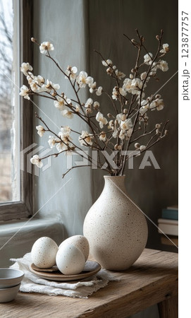 Decorative arrangement of eggs and flower branches in a soft-lit room by the window 123877757