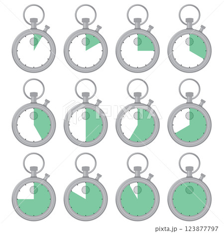 Vector Stopwatch or timer showing time. Label cooking time. Chronometer, time counter with dial. Countdown time, hours and minutes. Deadline, sport measurement 123877797