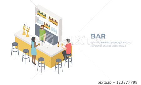 Isometric 3D flat interior of bar or pub. The chairs stand around the bar. Alcoholic drinks on the shelves. People in bar concept. 123877799